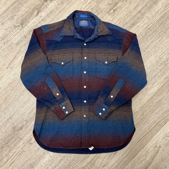 Pendleton Tops - Vtg Pendleton Wool Brushpopper Western Shirt Pearl Snap Stripe USA Women’s LG
